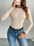 Perfee Decorative Button Round Neck Long Sleeve Bodysuit - Trendsi