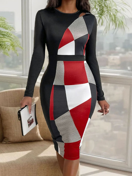 Cutout Color Block Round Neck Long Sleeve Dress - Trendsi