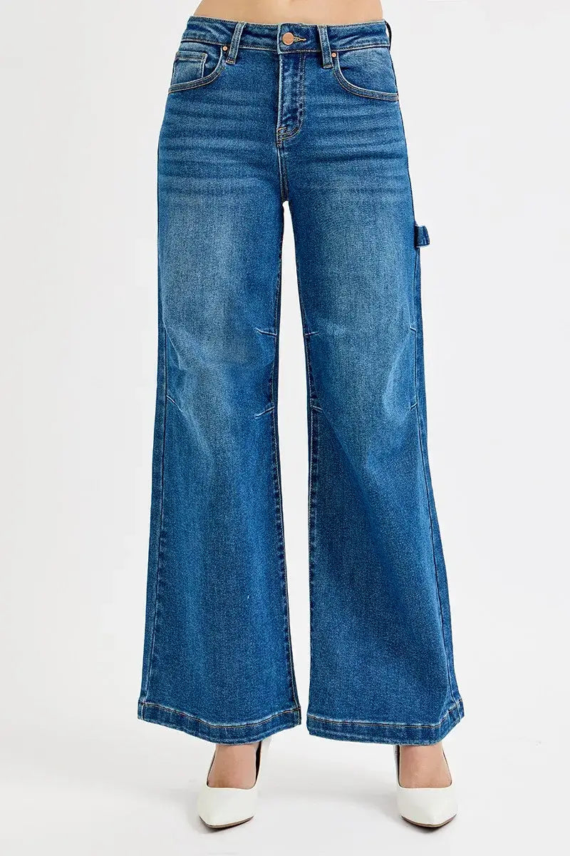 RISEN Full Size High Rise Wide Leg Patch Detailed Jeans Plus Size - Trendsi - Flyclothing LLC