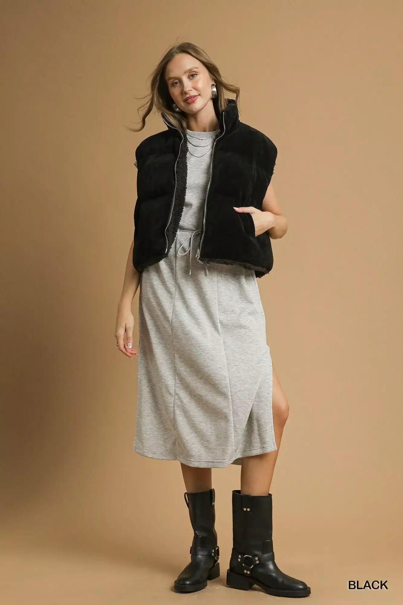 Umgee Sherpa-Lined Zip Vest with Drawstring Hem - Trendsi - Flyclothing LLC