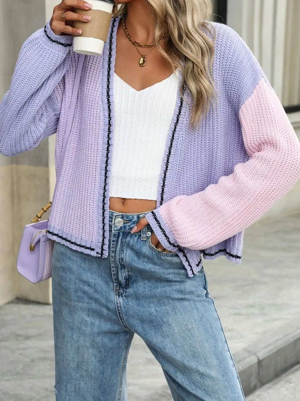 Contrast Open Front Long Sleeve Cardigan - Trendsi - Flyclothing LLC