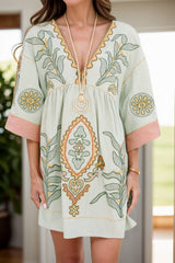 Printed V-Neck Three-Quarter Sleeve Mini Dress - Trendsi