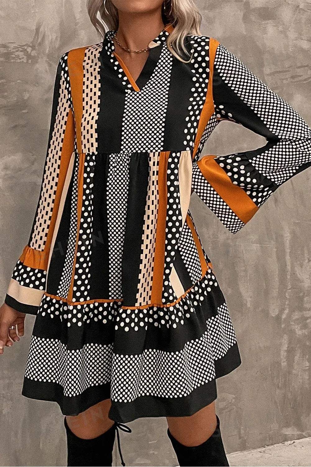 Printed Notched Long Sleeve Mini Dress - Trendsi - Flyclothing LLC