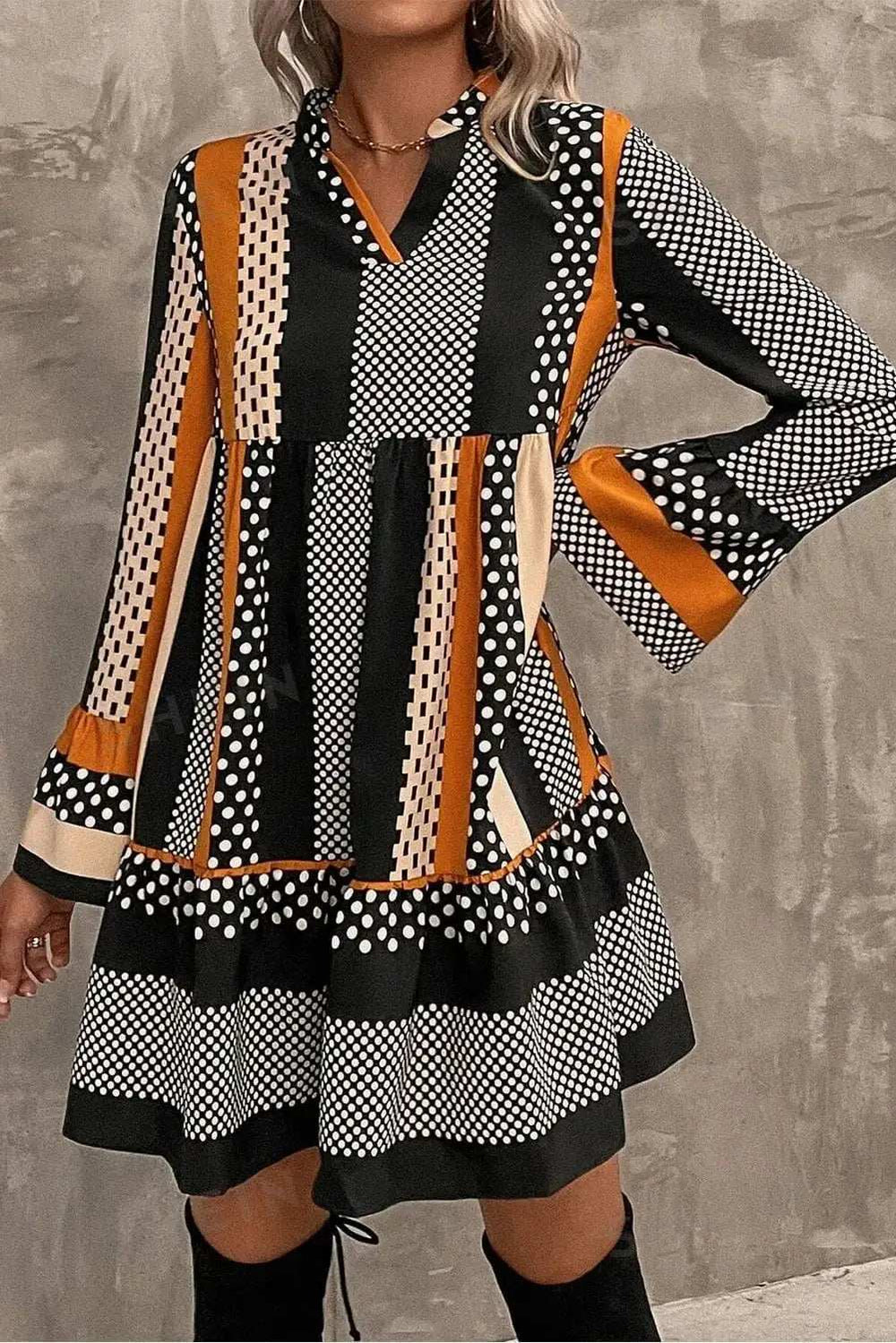 Printed Notched Long Sleeve Mini Dress - Trendsi - Flyclothing LLC