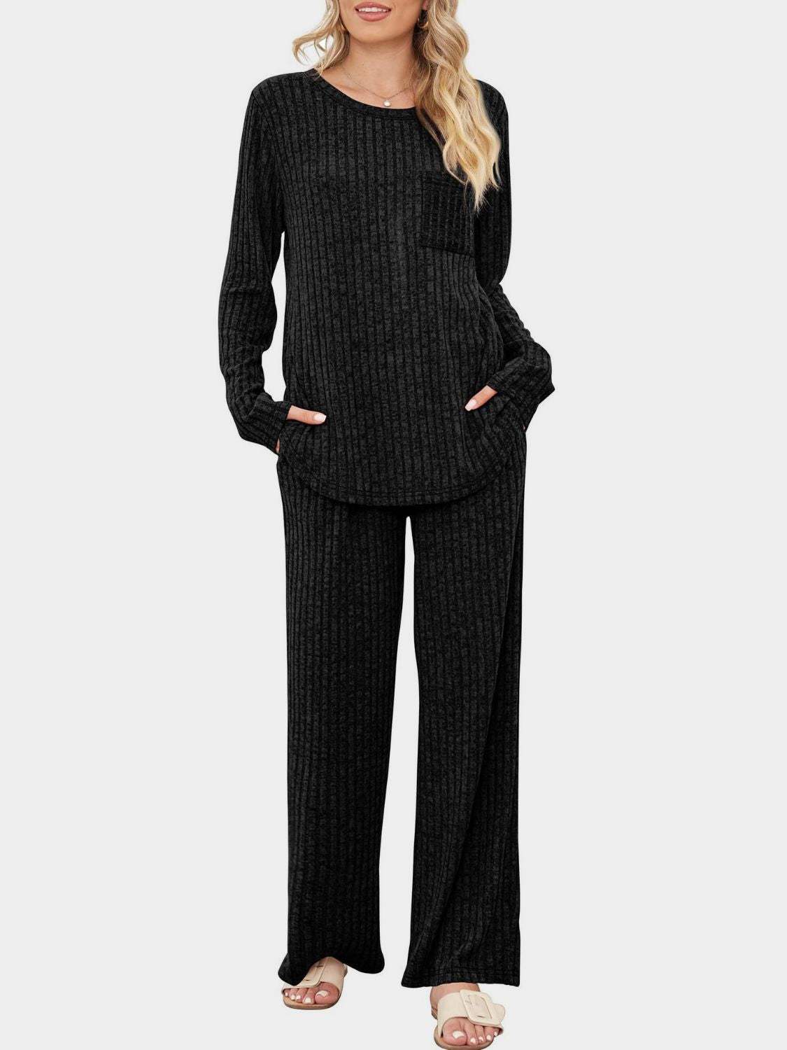 Round Neck Long Sleeve Top and Pants Set - Trendsi - Flyclothing LLC
