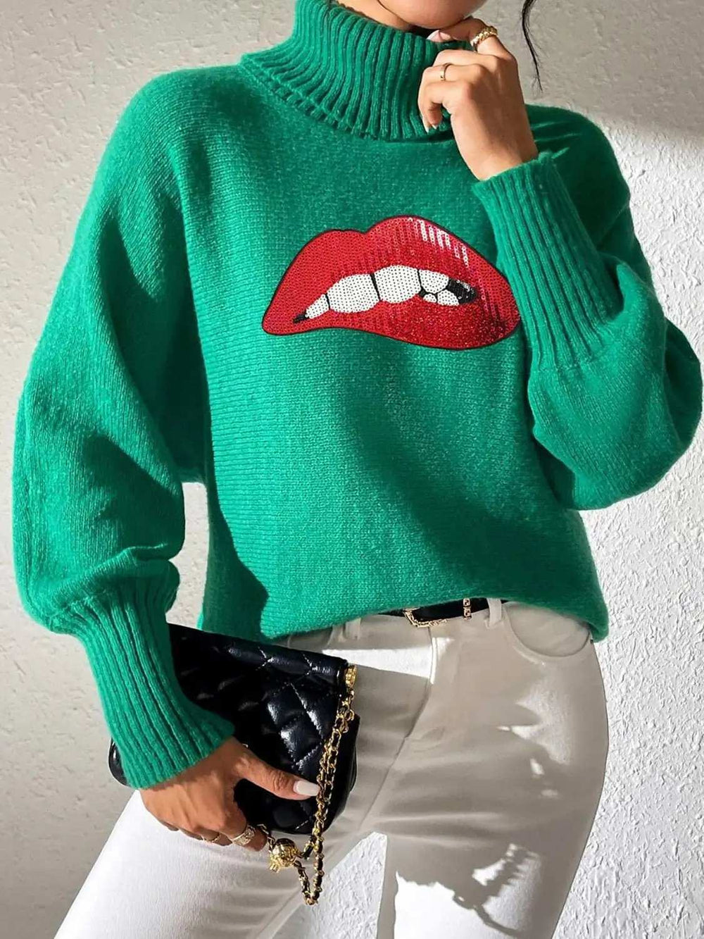 Lip Turtleneck Long Sleeve Sweater - Trendsi - Flyclothing LLC