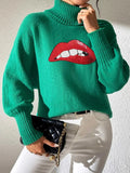 Lip Turtleneck Long Sleeve Sweater - Trendsi