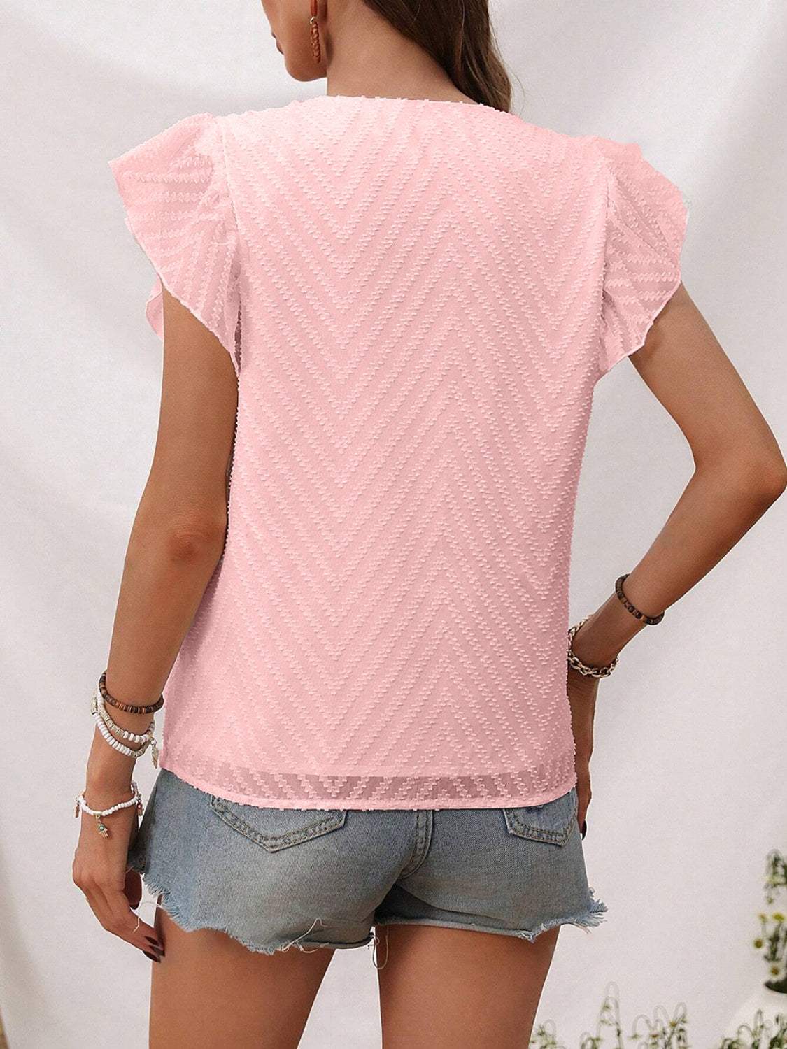 Textured V-Neck Cap Sleeve Blouse - Trendsi - Flyclothing LLC