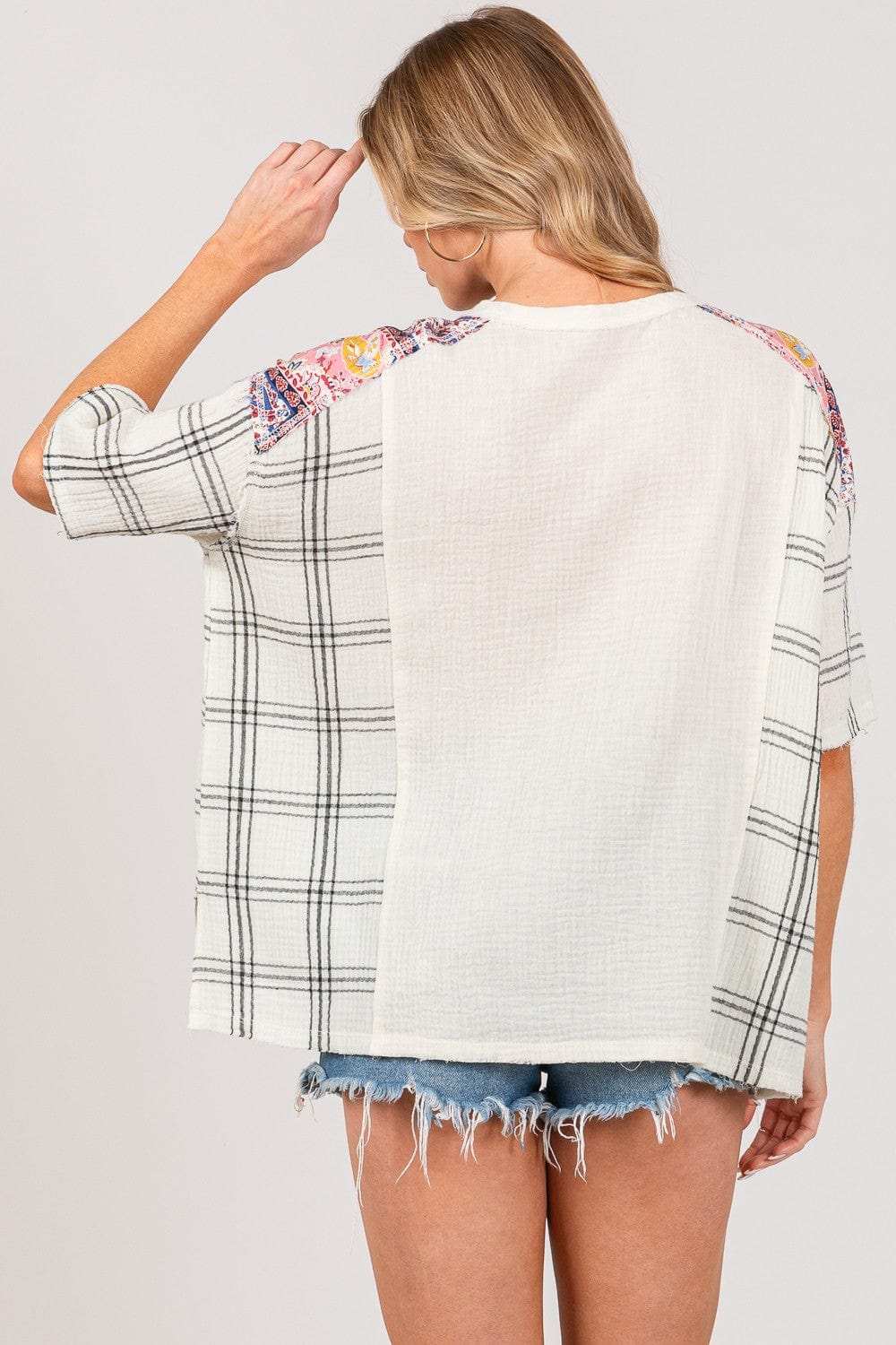 SAGE + FIG Plaid Half Button Gauze Top - Trendsi - Flyclothing LLC