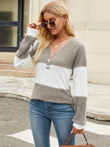 Color Block V-Neck Long Sleeve T-Shirt - Trendsi - Flyclothing LLC