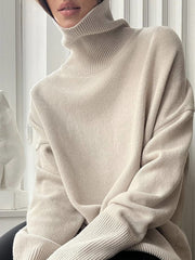 Ribbed Detail Turtleneck Dropped Shoulder Sweater - Trendsi