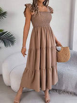 Smocked Square Neck Cap Sleeve Midi Dress - Trendsi - Flyclothing LLC