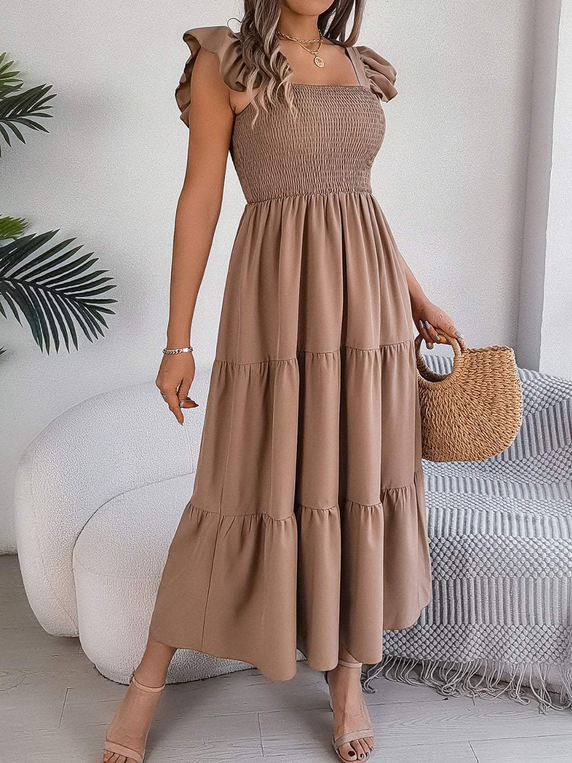 Smocked Square Neck Cap Sleeve Midi Dress - Trendsi - Flyclothing LLC