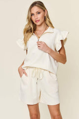 Double Take Full Size Texture Flounce Sleeve Top and Drawstring Shorts Set - Trendsi - Flyclothing LLC