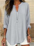 Solid Color Notched Long Sleeve Blouse - Trendsi - Flyclothing LLC