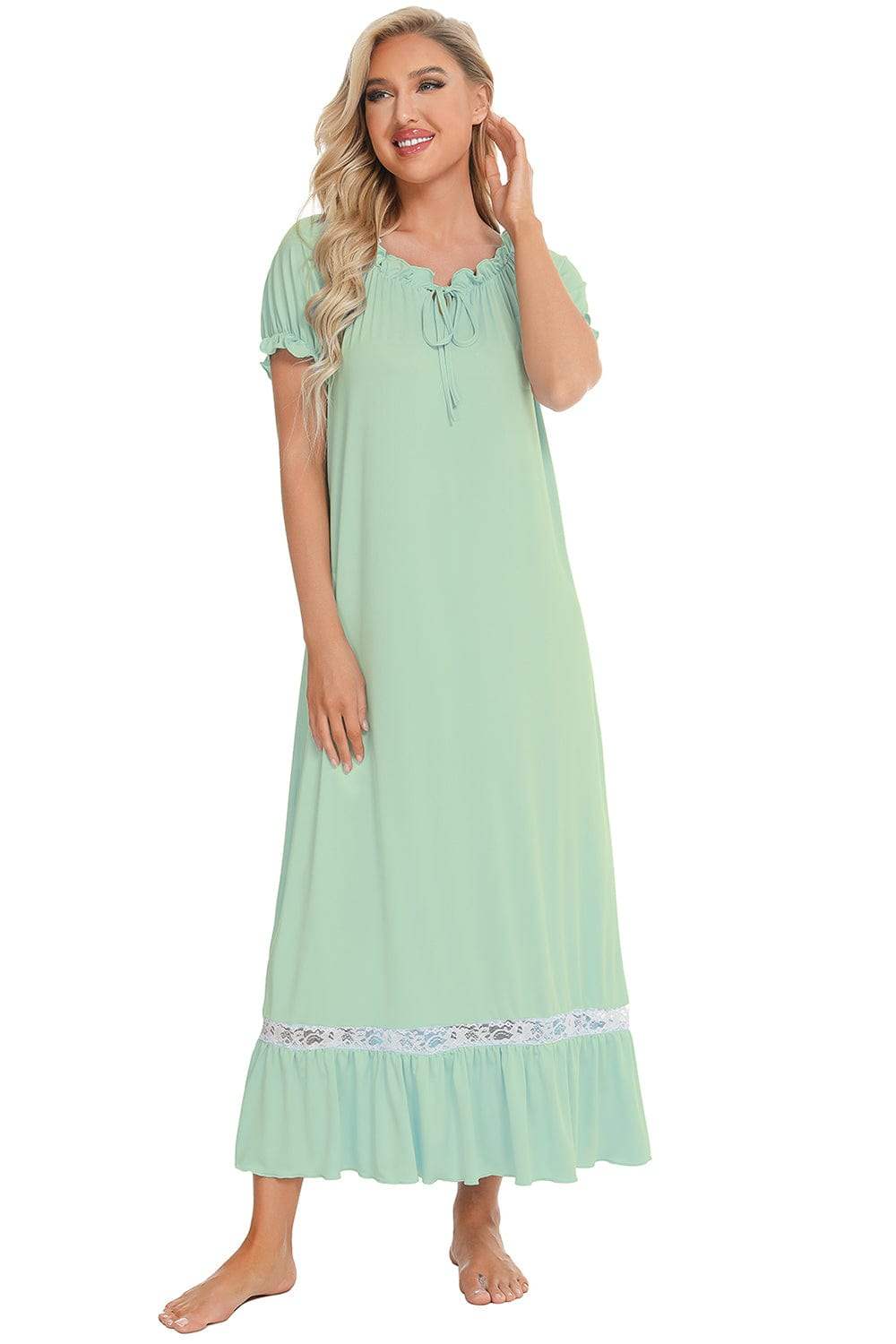 Lace Detail Short Sleeve Lounge Dress - Trendsi - Flyclothing LLC