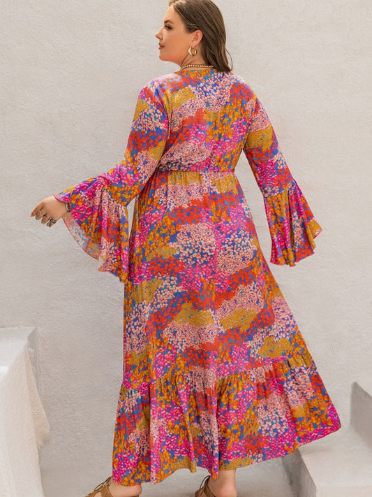 Plus Size Printed V-Neck Long Sleeve Maxi Dress - Trendsi