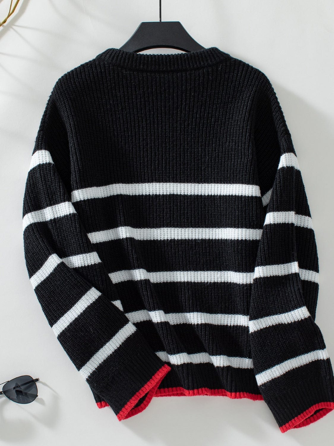 Striped Round Neck Dropped Shoulder Sweater - Trendsi