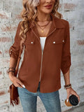 Zip Up Collared Neck Roll-Tab Sleeve Jacket - Trendsi - Flyclothing LLC