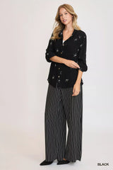 Umgee Linen Blend Fitted Shirt with Ribbon Embroidery Details - Trendsi - Flyclothing LLC