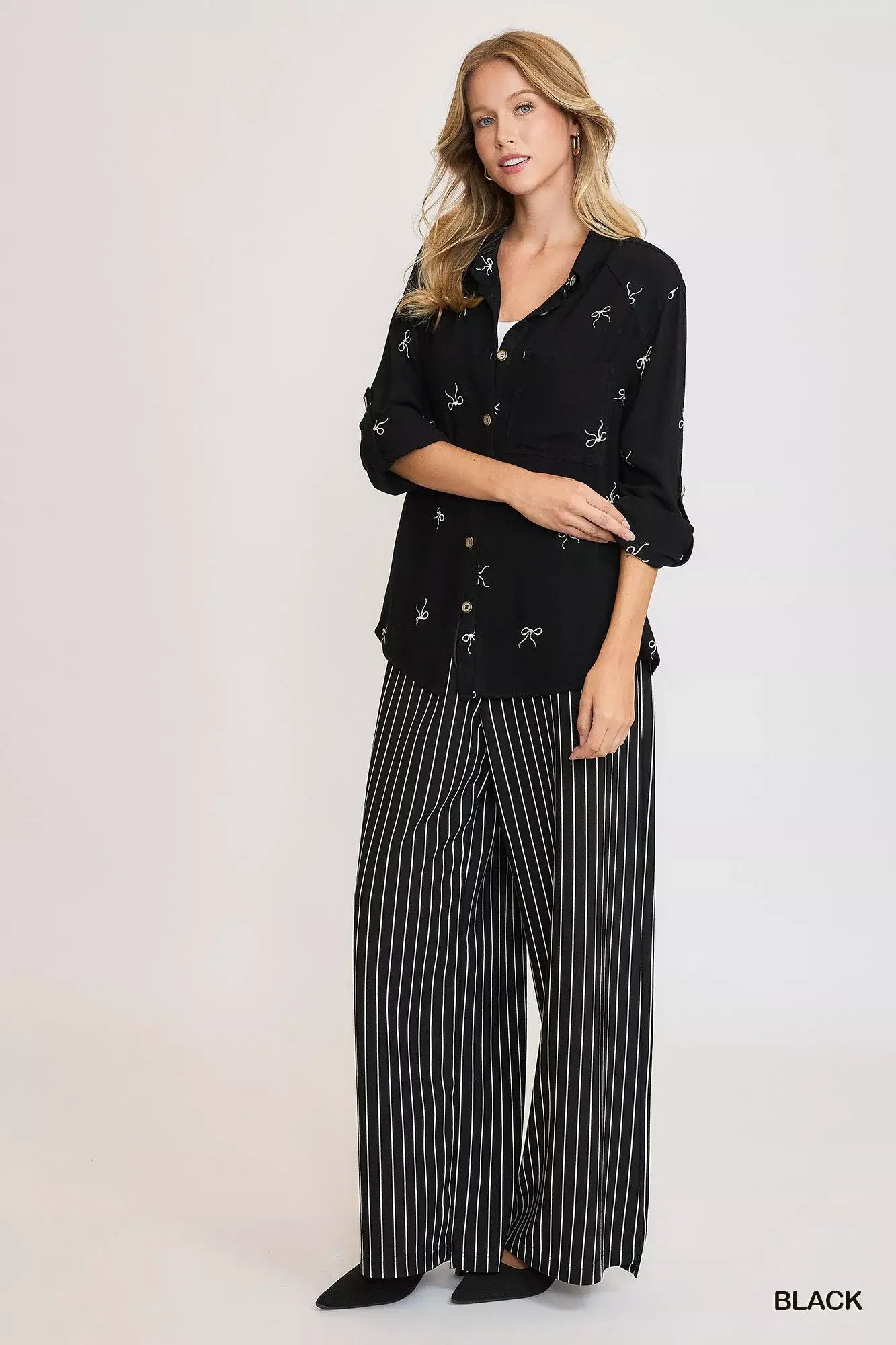Umgee Linen Blend Fitted Shirt with Ribbon Embroidery Details - Trendsi - Flyclothing LLC