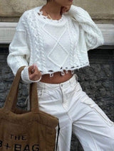 Cable-Knit Round Neck Long Sleeve Cropped Sweater - Trendsi - Flyclothing LLC