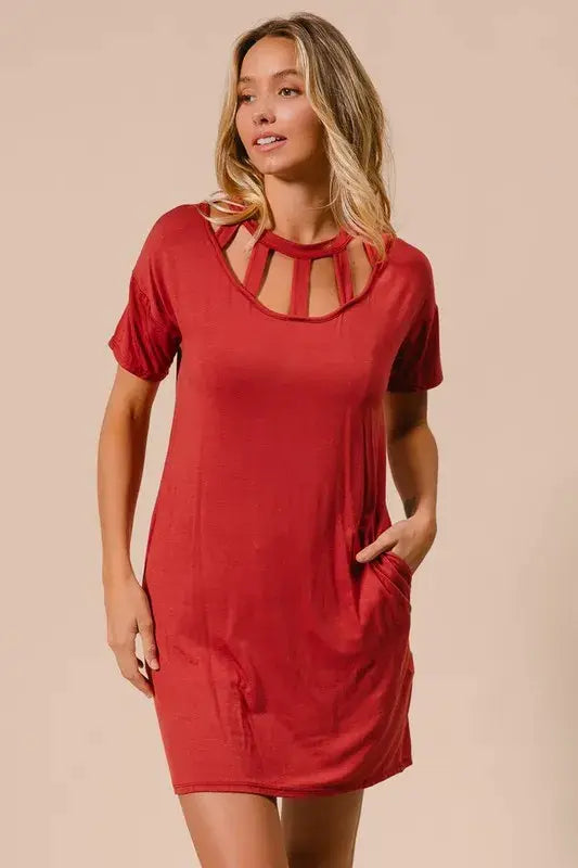 BiBi Front Cutout Mini Tee Dress with Pockets - Trendsi - Flyclothing LLC