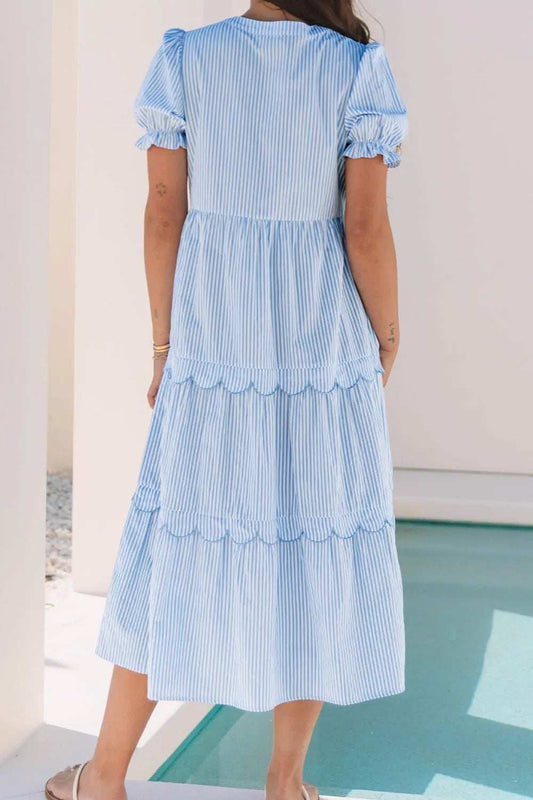 Stripe Bubble Short Sleeve Tiered Scallop Midi Dress - Trendsi - Flyclothing LLC