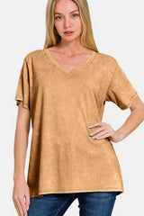 Zenana Full Size Washed Short Sleeve V-Neck T-Shirt - Trendsi - Flyclothing LLC
