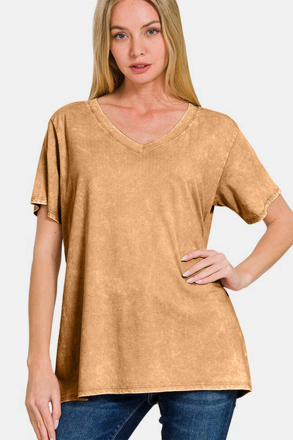 Zenana Full Size Washed Short Sleeve V-Neck T-Shirt - Trendsi - Flyclothing LLC