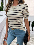 Striped Round Neck Puff Sleeve Knit Top - Trendsi - Flyclothing LLC