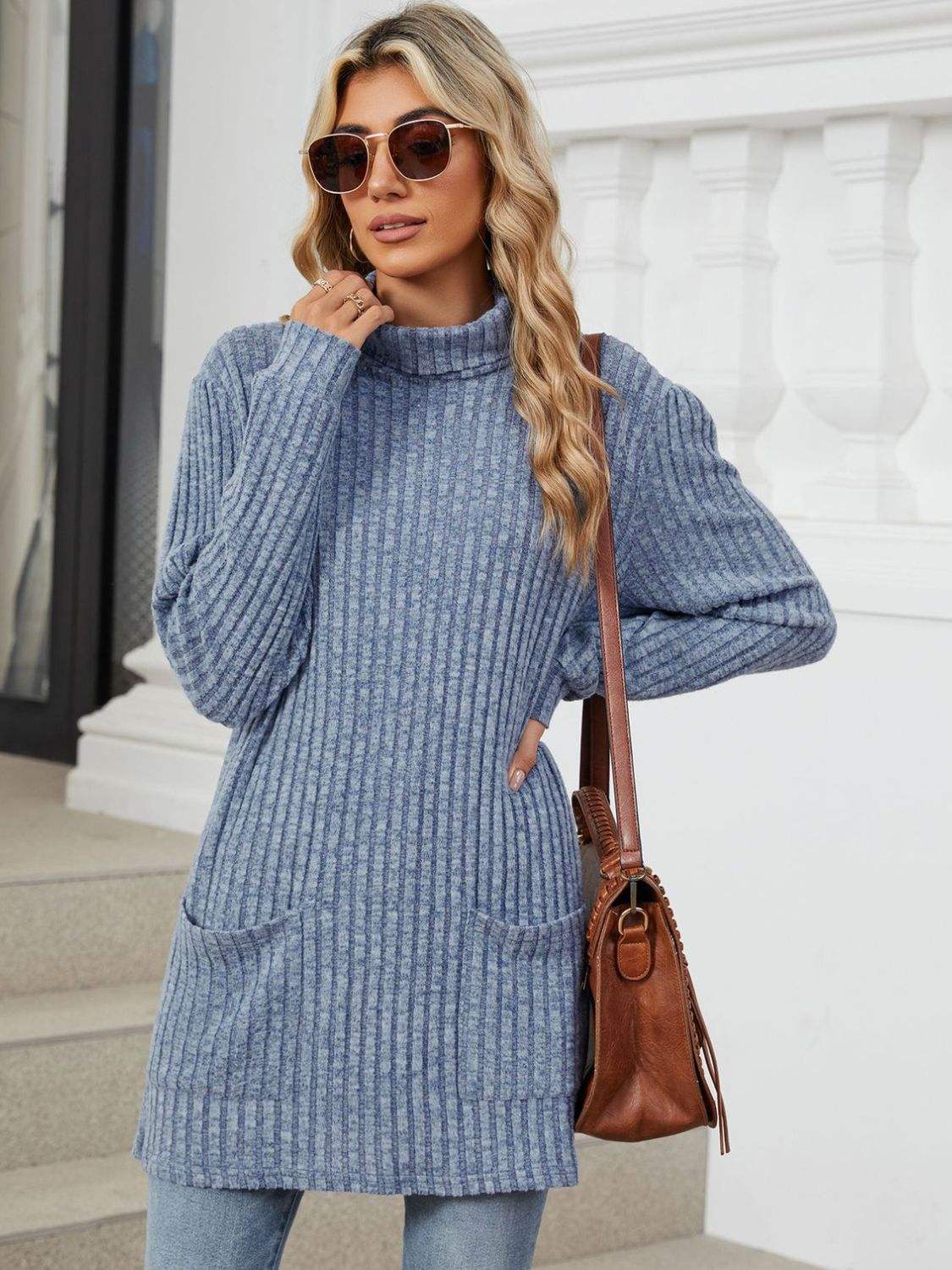 Ribbed Mock Neck Long Sleeve T-Shirt - Trendsi - Flyclothing LLC