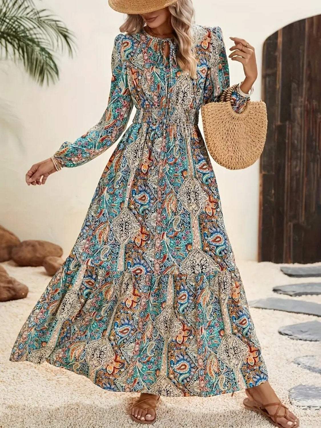 Printed Tie Neck Long Sleeve Maxi Dress - Trendsi - Flyclothing LLC