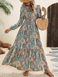 Printed Tie Neck Long Sleeve Maxi Dress - Trendsi