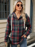Drawstring Plaid Hooded Long Sleeve Top - Trendsi - Flyclothing LLC
