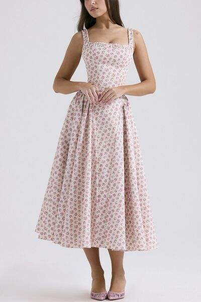 Floral Square Neck Wide Strap Midi Dress - Trendsi - Flyclothing LLC