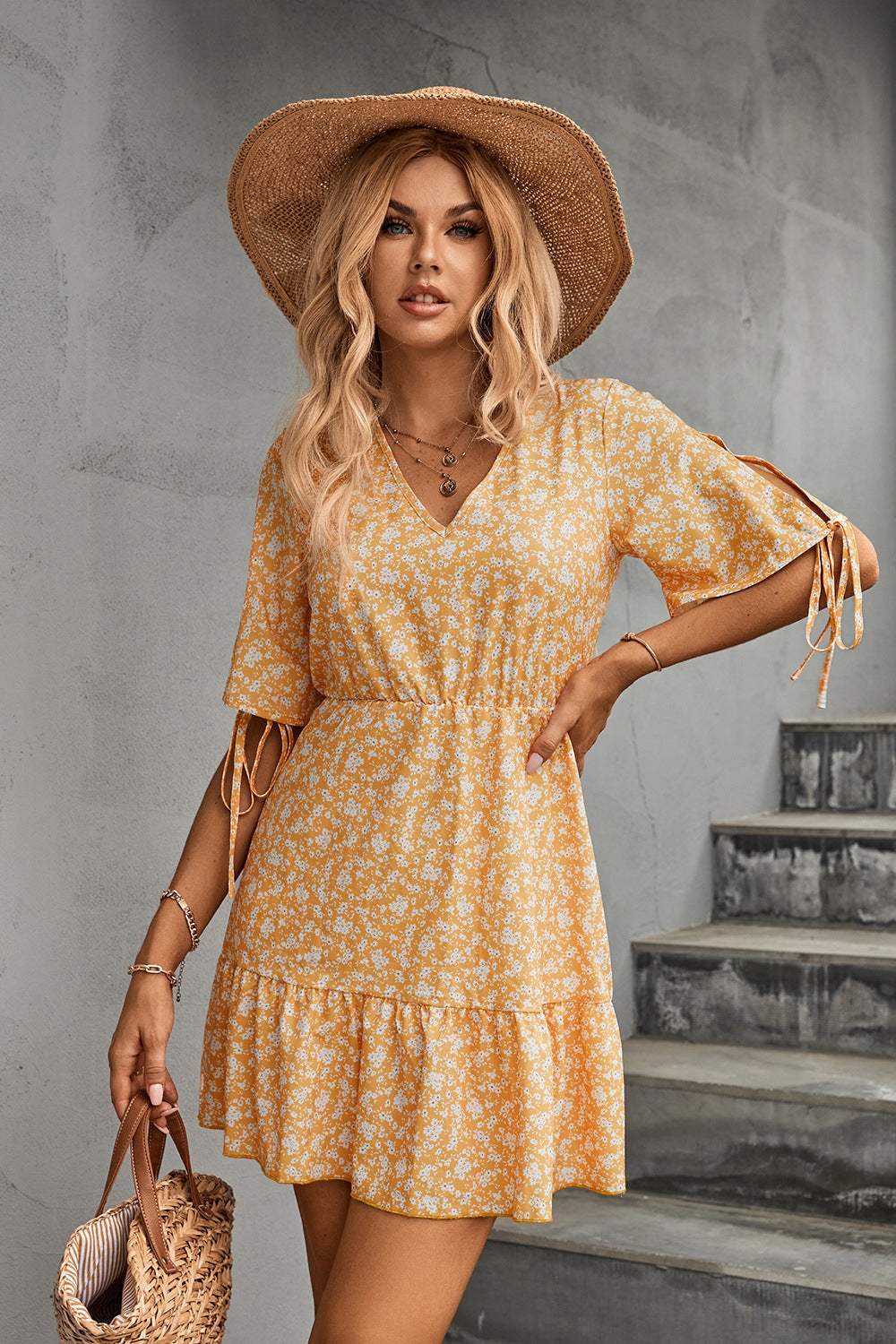 Ditsy Floral V-Neck Half Sleeve Mini Dress - Trendsi - Flyclothing LLC