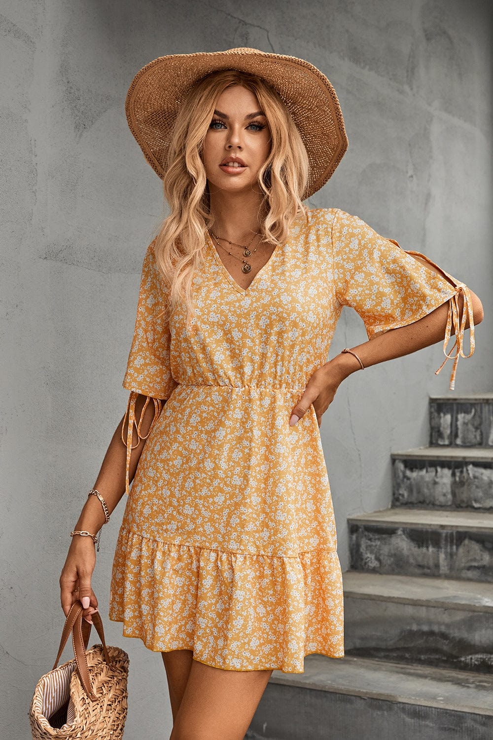 Ditsy Floral V-Neck Half Sleeve Mini Dress - Trendsi