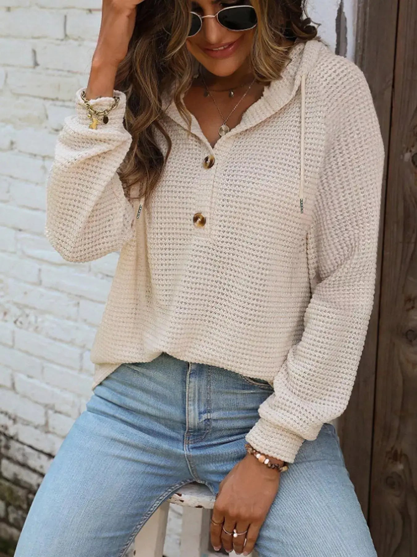 Waffle Knit Button Detail Hoodie - Trendsi - Flyclothing LLC