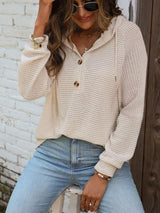 Waffle Knit Button Detail Hoodie - Trendsi - Flyclothing LLC