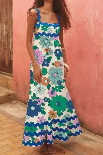 Printed Square Neck Wide Strap Dress - Trendsi