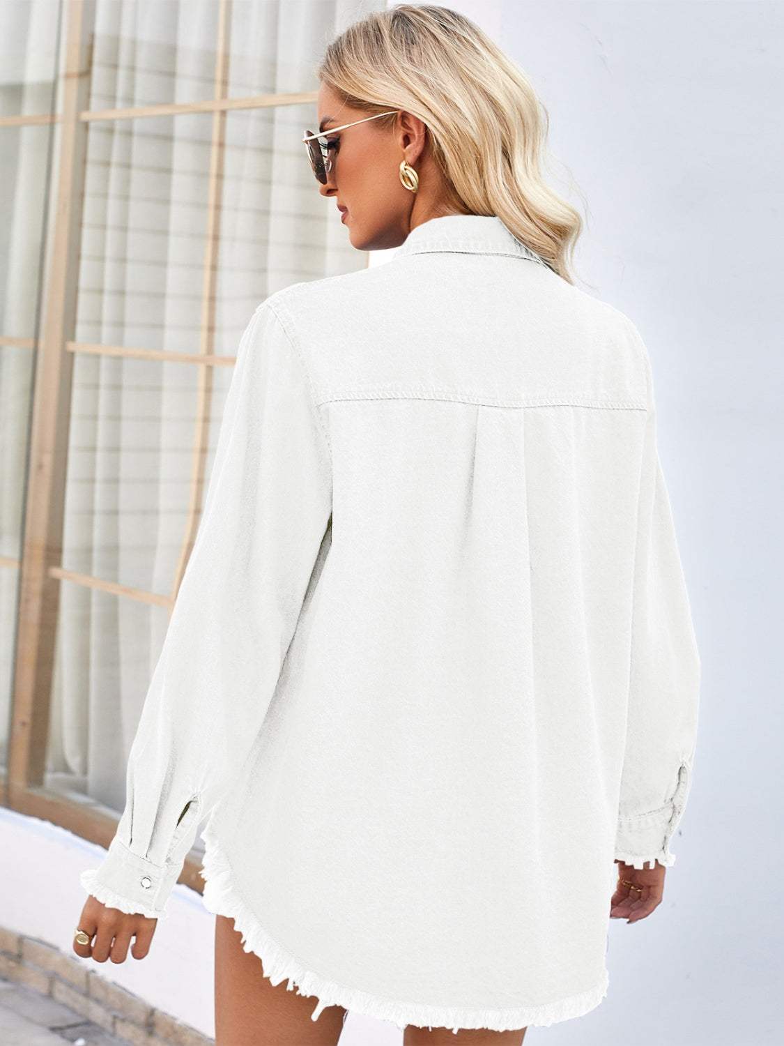 Raw Hem Button Up Long Sleeve Denim Jacket with Sequin Pockets - Trendsi - Flyclothing LLC