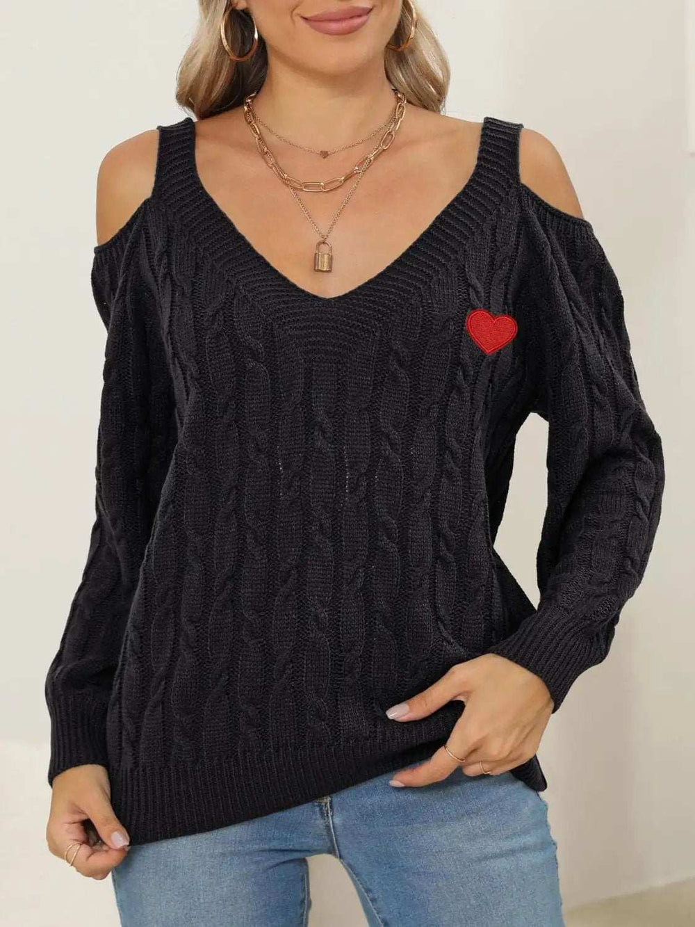 Cable-Knit Heart V-Neck Sweater - Trendsi - Flyclothing LLC