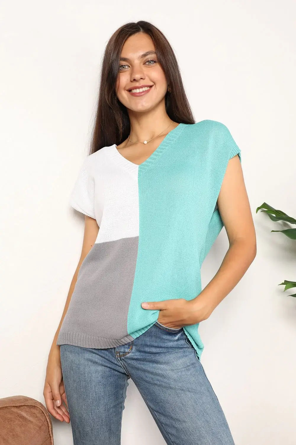 Color Block V-Neck Knit Top - Trendsi - Flyclothing LLC