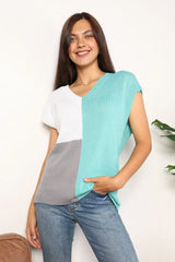 Color Block V-Neck Knit Top - Trendsi - Flyclothing LLC