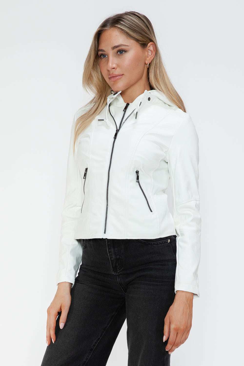 Snobbish Faux Leather Zip Up Drawstring Hooded Jacket - Trendsi - Flyclothing LLC
