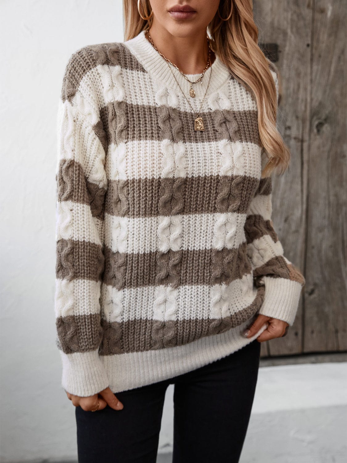 Striped Round Neck Long Sleeve Sweater - Trendsi