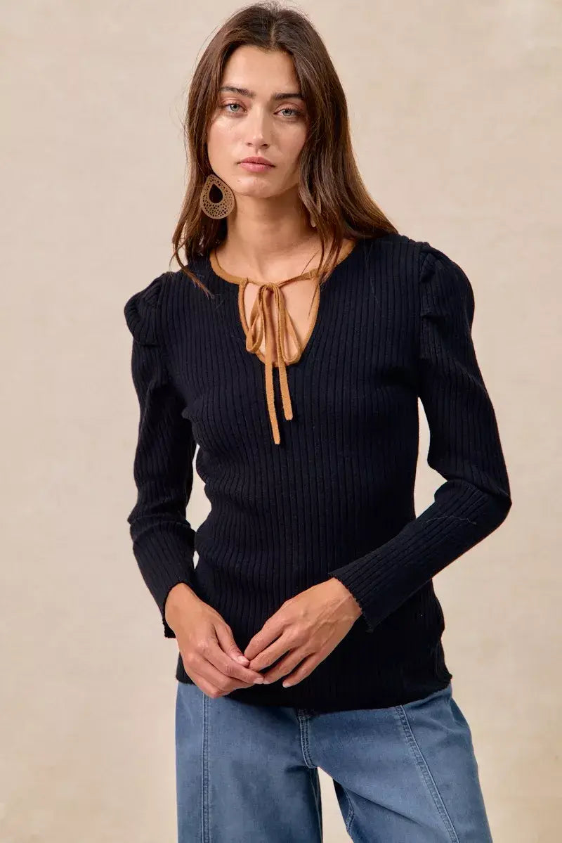BiBi Ribbed Contrast Front Tied Top with Shrried - Trendsi - Flyclothing LLC