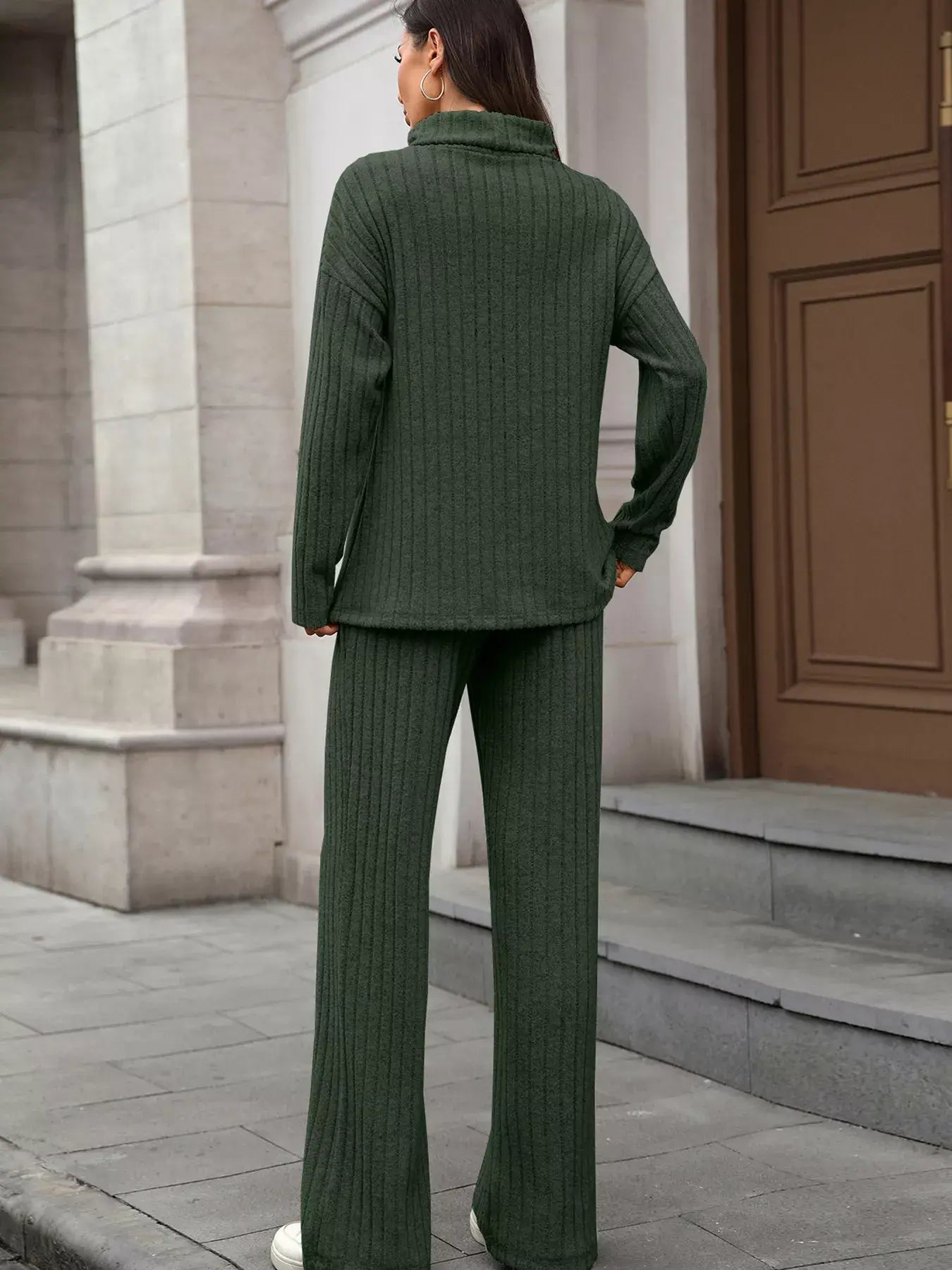 Ribbed Turtleneck Dropped Shoulder Top and Pants Sweater Set - Trendsi - Flyclothing LLC