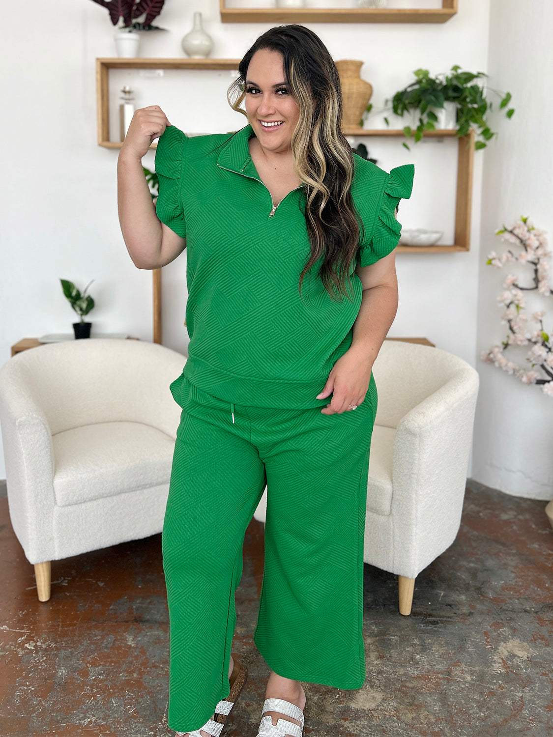 Double Take Texture Ruffle Short Sleeve Top and Drawstring Wide Leg Pants Set - Trendsi - Flyclothing LLC
